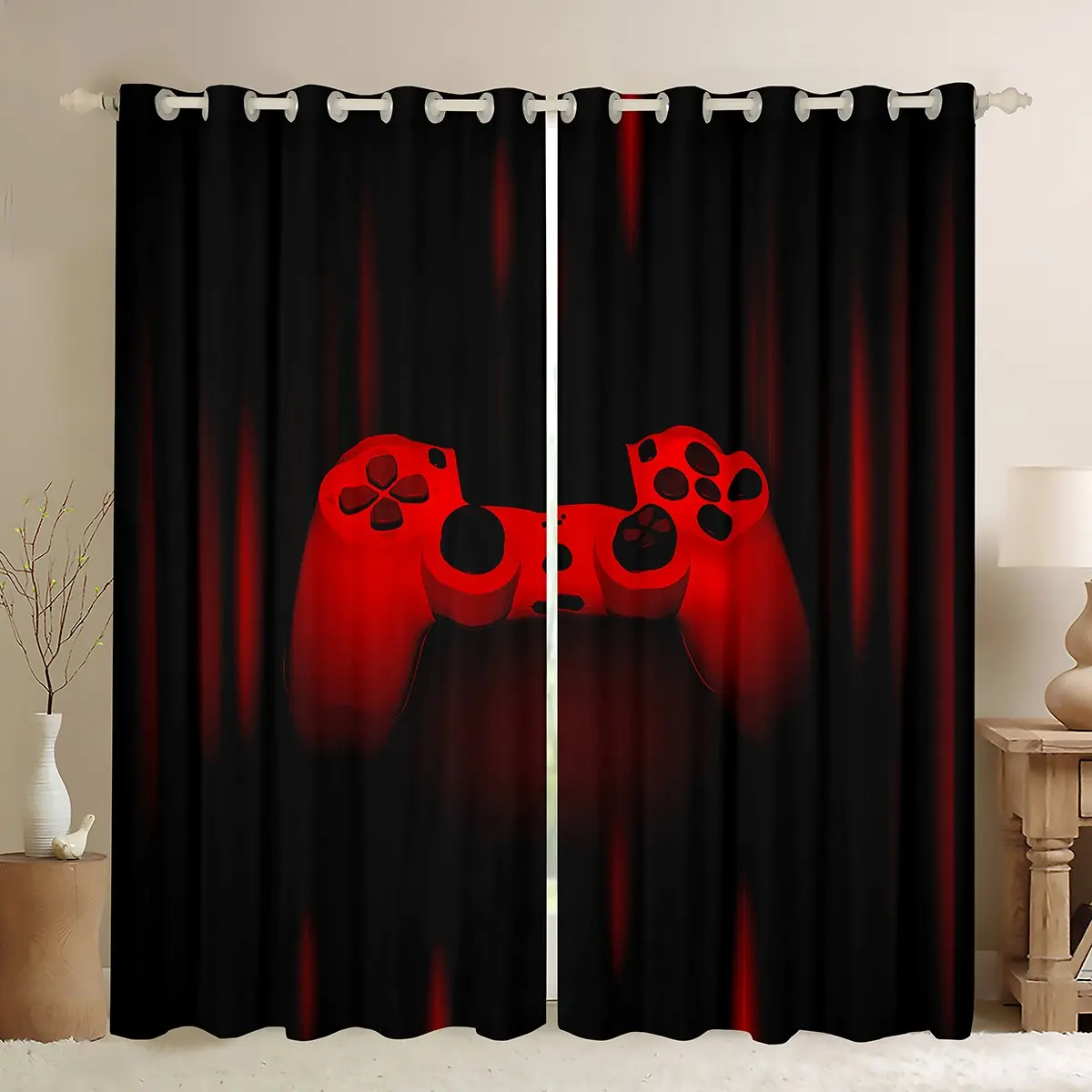Gamer Themed Red Black Blackout Curtain Set, Privacy Grommet Decorative Window Curtains for Bedroom, Privacy Grommet Curtains
