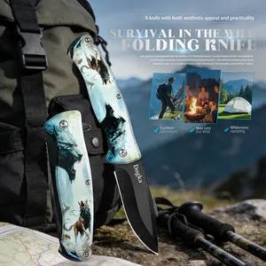 Dogka Survival Folding Knife - Wolf Pattern Sharp Blade for Outdoor Camping & Hiking Kitchen