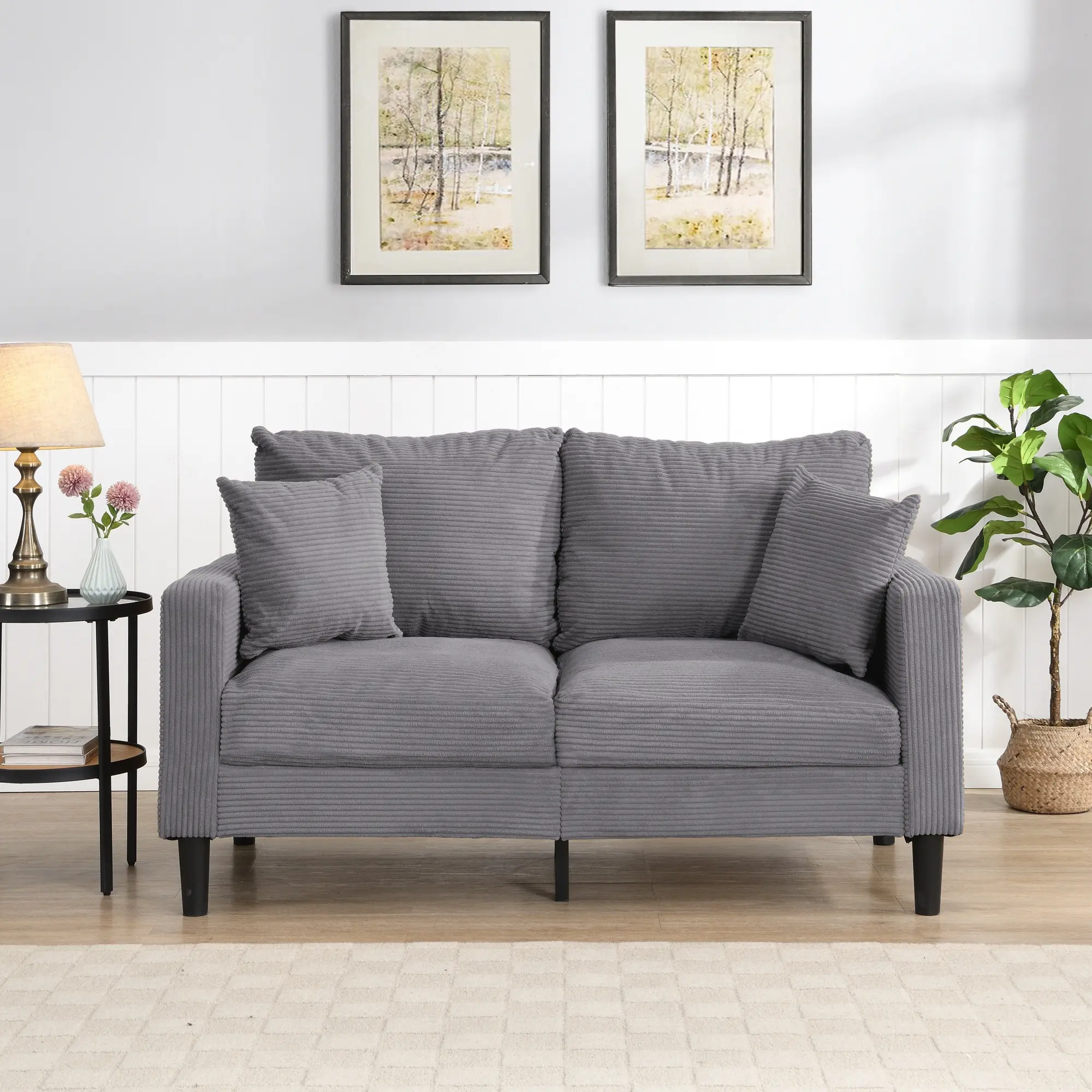 57.9" Mid-Century Modern Corduroy Upholstered 2-Seater Loveseat Sofa, Comfy Deep-Seat Small Sofa for Living Room, Bedroom, Small Spaces, Light Grey - Sofas Living Room, Corduroy Upholstery