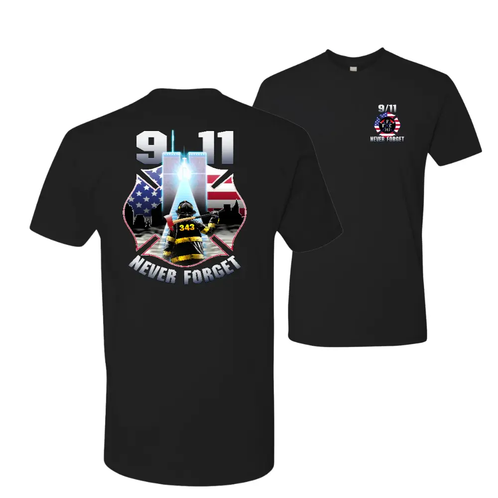 9/11 Never Forget T-Shirt, Firefighter Tribute and Twin Towers Graphic, Honor343 Remembrance Shirt for Patriotic Americans & First Responder Supporters, Gift for Veterans or Memorial Events