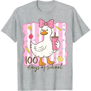 100 Days Of School Goose Bow 100th Day Of School Girls T-Shirt Comfy Everyday T-Shirt