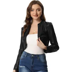 Women's Open Front Long Sleeve PU Cropped Faux Leather Jacket Coat