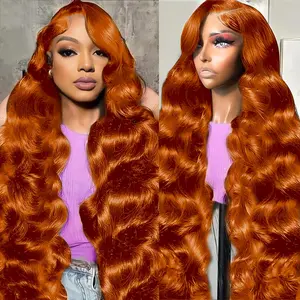 Ginger Orange Lace Front Wigs Human Hair 13x6 Body Wave Frontal Wigs Human Hair for Women 200% Density Pre Plucked HD Transparent Lace Glueless 350 Colored Human Hair Wig Bleach Knots 28 Inch
