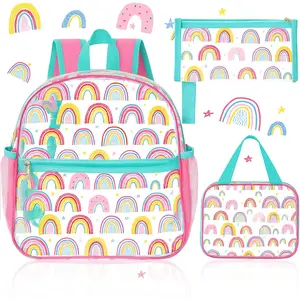 L-CPB023 3 Pcs Rainbow Toddler Clear Backpack Set for Kids Aged 3 to 8, 12 Inch Mini Toddler Backpack for Stadium Events Clear See Through Cute Bag for Kids Preschool Kindergarten Sports Concert (Pink, Green)