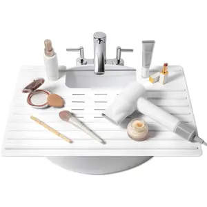 Bathroom Sink Cover &  Makeup Mat - White, 22 x 2 x 2 In - Heat Resistant to 400?F - Foldable Roll-Up Design with Raised Ridges - Space-Saving Countertop Mat
