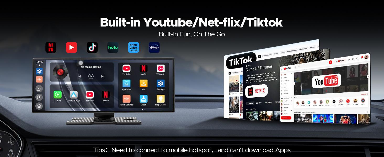 10.26" Android CarPlay Screen Google Play Store Netflix/YouTube/Tiktok Wireless CarPlay Portable screen & Android Auto Built-in GPS Your Smart Driving Companion，Split-Screen App Usage，1080P Parking Backup Camera，Compatible with iOS 10+ and Android 11+