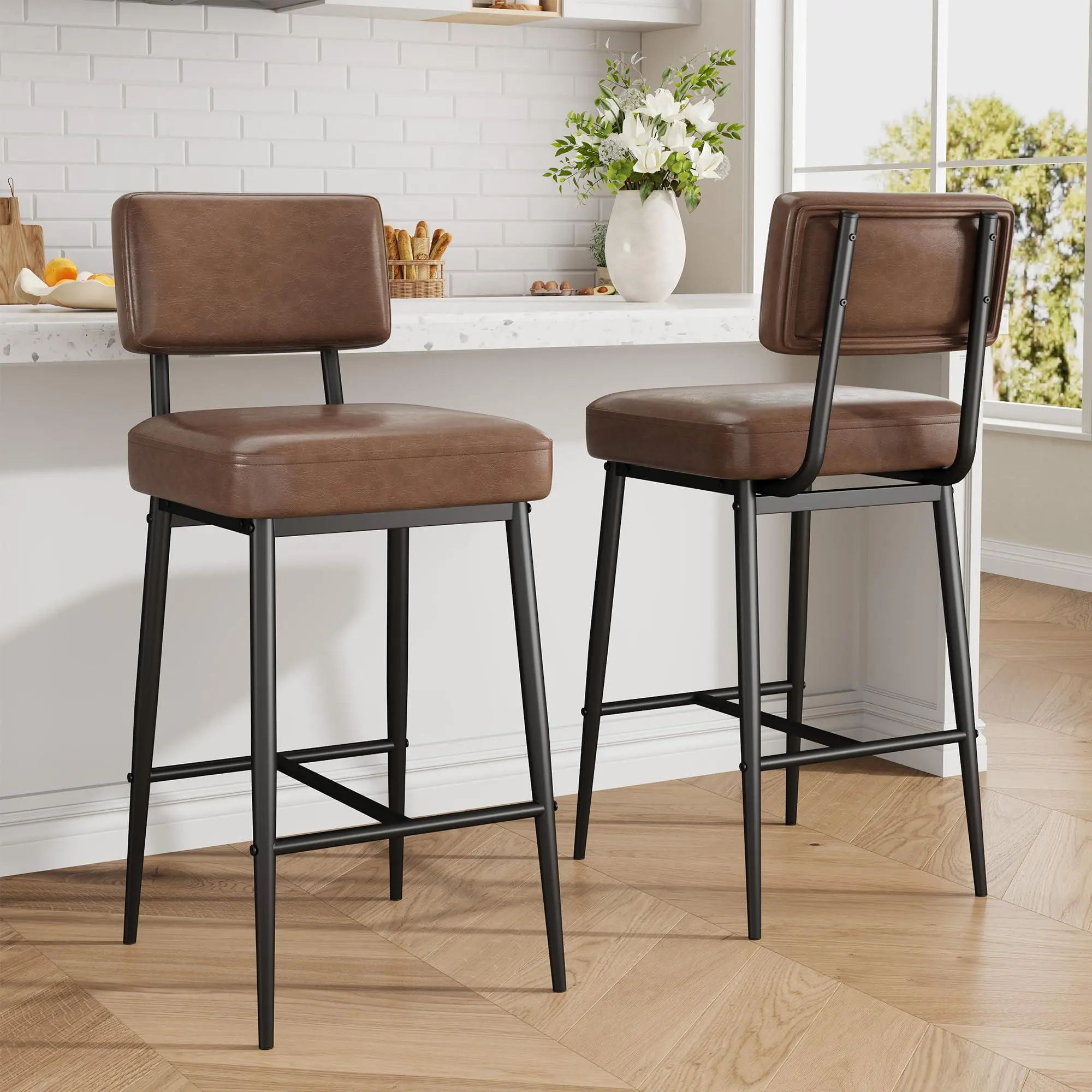 GARVEE Counter Height Bar Stools Set of 2, 26'' Faux Leather Bar Stools with Backrest, Modern Bar Chairs for Kitchen Island, Dining Room, Brown