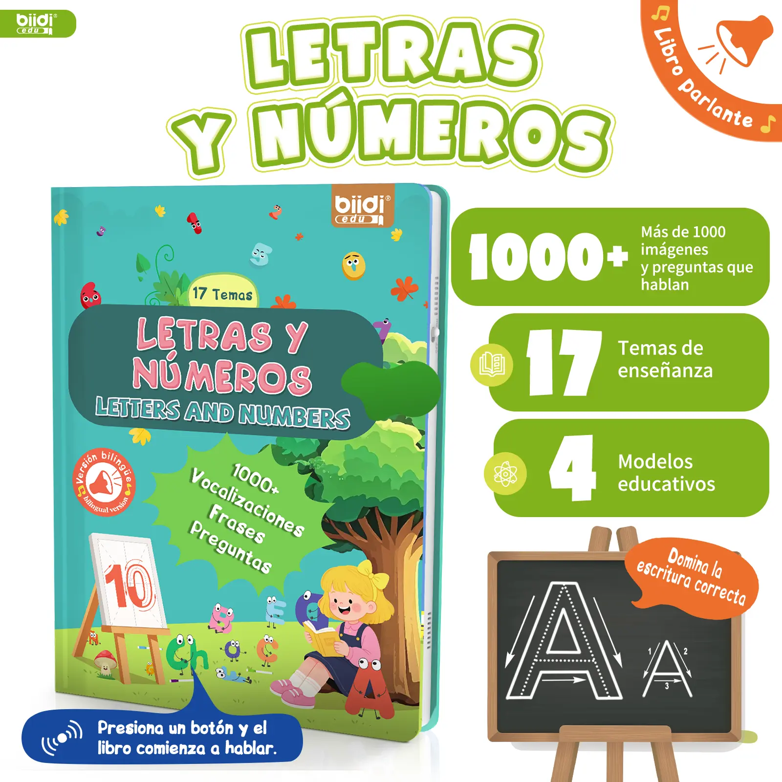 Bilingual Spanish-English Talking Book for Kids, Interactive Electronic Language Learning Toy with 600+ Sound Effects, Bilingual Instruction Cards, Learning Board, Preschool Alphabet Tool, Sensory Toy for Ages 3-8, Travel & Birthday Gift for Boys & Girls