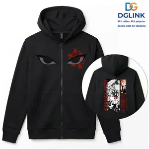 DGLink Men's Zipper Hoodie - Classic High-Street Style, Double-Layer Knit, Long Sleeves, Dropped Shoulder, Anime-Printed, Comfortable Cotton Blend, Casual Sportswear, Pullover, Street Style, Menswear Sweatshirts, Versatile Tops for All Seasons  Streetwear