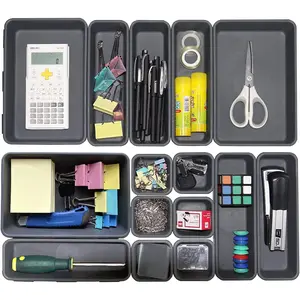 15 PCS Interlocking Desk Drawer Organizer Separator for Office,Bathroom,Kitchen,Makeup（Black） Boxes Set