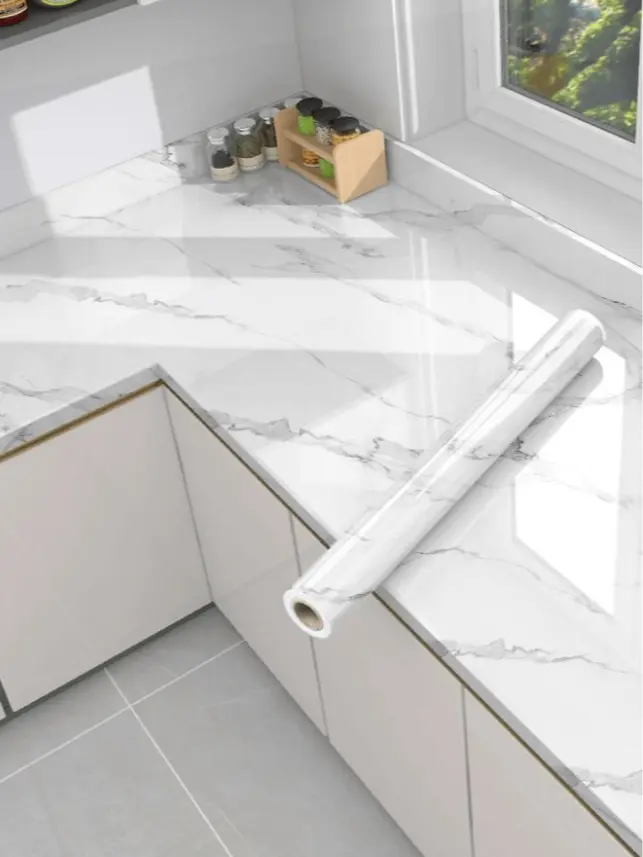 1roll Marble Print Waterproof Kitchen Sticker, Modern PVC Wall Renovation Sticker For Kitchen