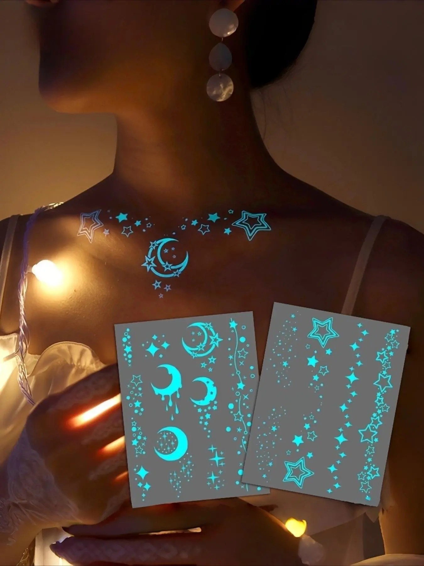 4-Pack Luminous Blue Moon & Stars Celestial Theme Tattoo Stickers, Glow in the Dark Fake Body Art for Women, Oblong Shape, Ideal for Face, Chest, Arm, Hand, Necklace & Bracelet Design, Perfect for Weddings, Nightclubs & Music Festivals, Ideal for Events