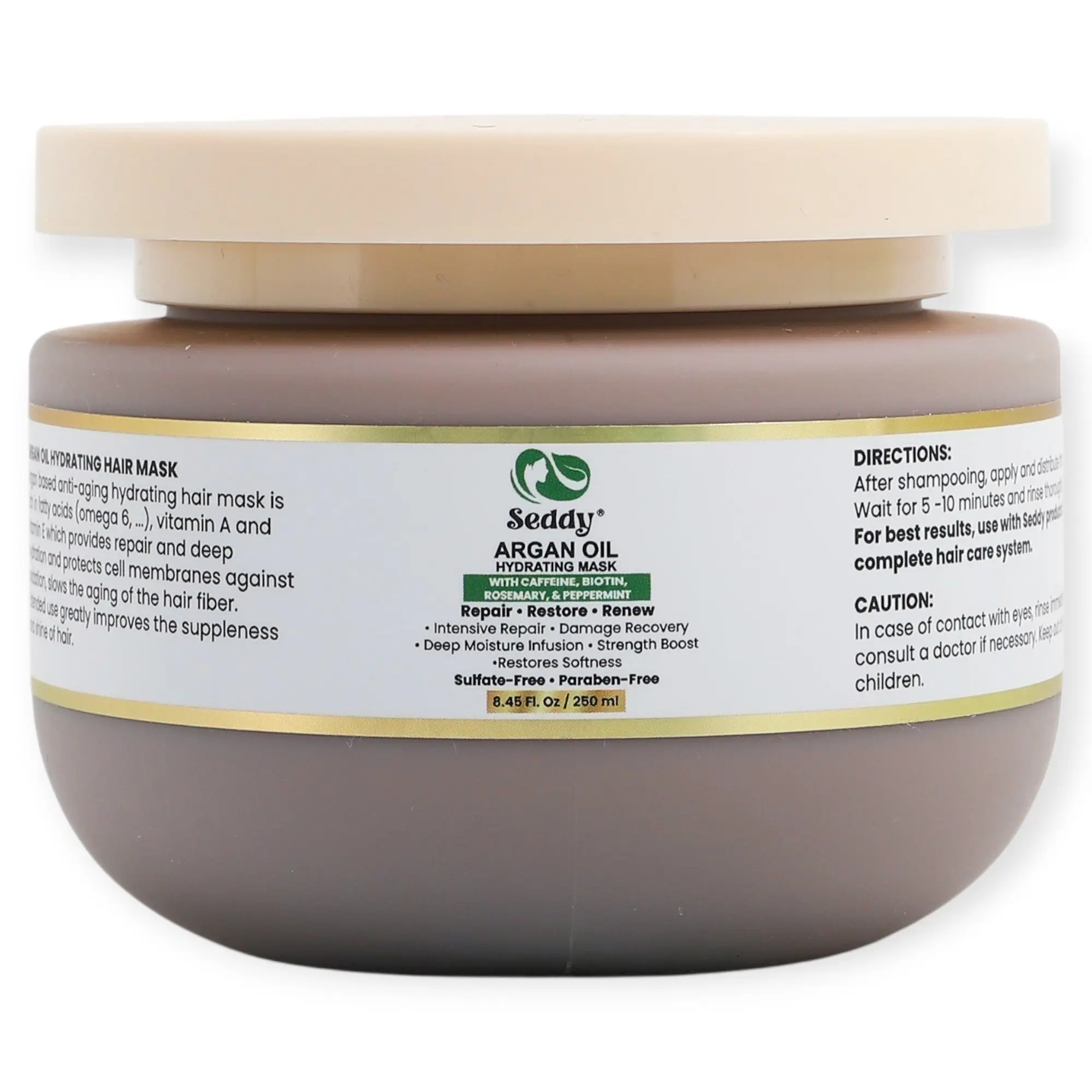 Argan Oil Hydrating Hair Mask with Caffeine, Biotin, Rosemary & Peppermint | 8.45 Fl Oz