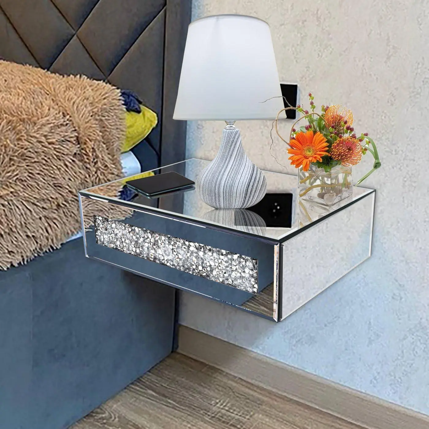 Mirrored Floating Bedside Nightstand with Drawer, Wall Mounted  Glass   Bling Decoration Organizer for Bedroom, Living Room, Small Space, 14.5"x11.5"x4.5"