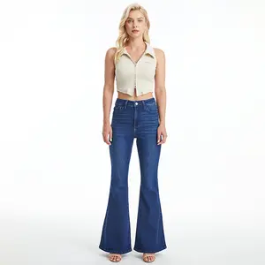 2026 Women's Flare High Waist Jeans, Elasticity Waist Flared Jeans, With Pockets, Medium Blue Washing Process, Kardashian Style, Women's Bell - Bottoms Wide - Leg Jeans, Waist - Cinching Design, Tchic