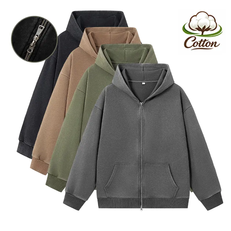 Men’s autumn/winter vintage distressed hooded cardigan jacket with acid wash treatment and double zipper design, retro high-street style, casual hoodie sweatshirt, suitable for outdoor wear, unisex long-sleeve hoodie, wearable for both sports and everyday