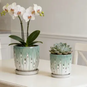 ARCH Handmade Green-White Gradient Ceramic Planter Set, 2 Sizes (7.48"*5.51" & 8.07"*6.1") with Perforated Root Drainage Holes, Lightweight Breathable Indoor Outdoor Garden Pots for Orchids, Succulents by Window