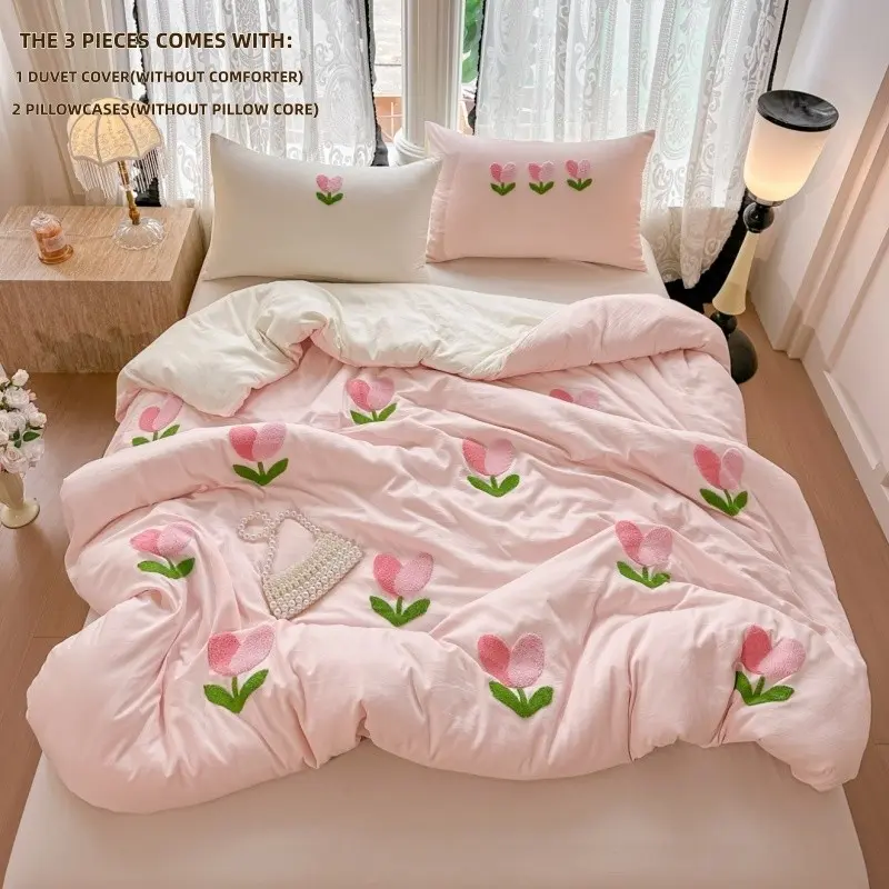 3pcs Embroidered Tulip Bedding Set, Includes 1duvet cover and 2 Pillowcases, Zippered, Soft Fabric, All Seasons, floral bedding sets