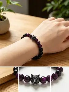 Men's Wolf Head Pendant Beaded Bracelet, Black & Purple Tiger's Eye Gemstone Stretch Bracelet, Healing Crystal Energy Jewelry for Birthday Gift