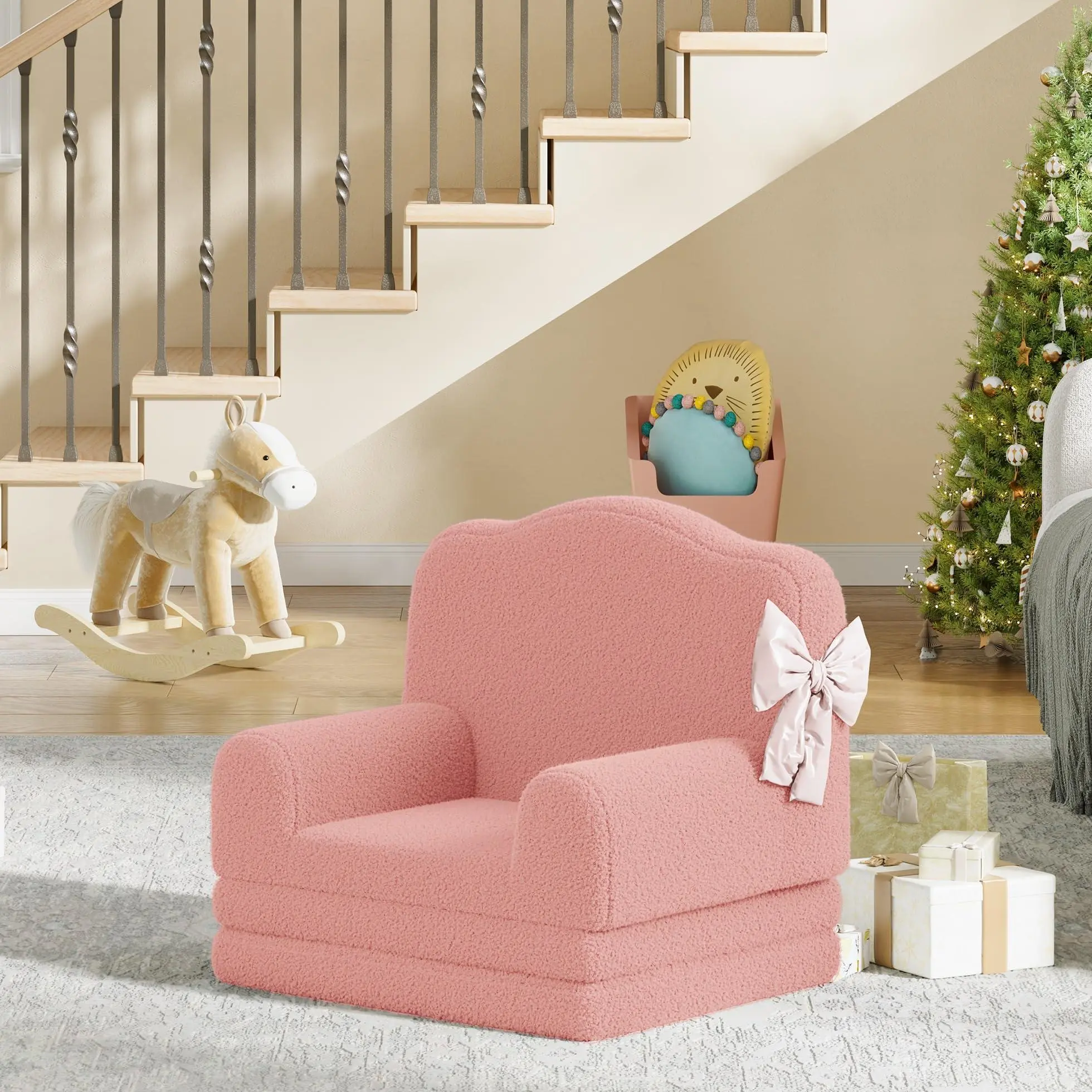 Toddler Size 2-in-1 Convertible Single Seat Kids Sofa Bed - Crown Shape, Soft Sherpa Fleece, Fold-Out Bed, Comfy Children's Indoor Furniture for Playroom, Pink, Compact Couch, Round Back