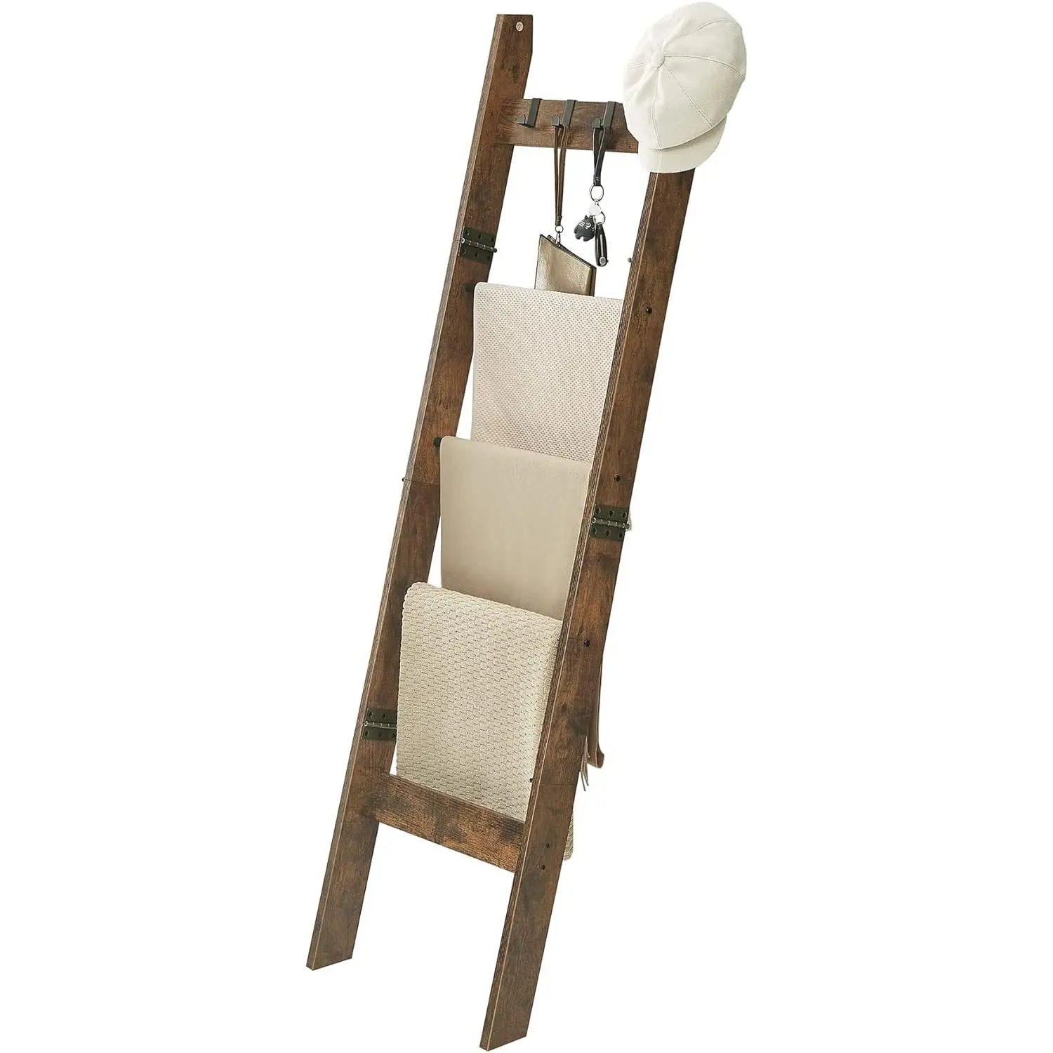 Blanket Ladder Shelf for Living Room, Decorative Quilt Rack with 4 Removable Hooks, 5-Tier Farmhouse Ladder Holder Organizer for Bedroom, Rustic Brown 02101BBR