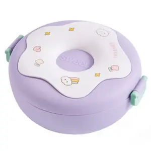 Sweet 1000ml Cute Donut Shaped 3 Compartments Plastic Lunch Bento Box with Spoon and Fork Purple Design