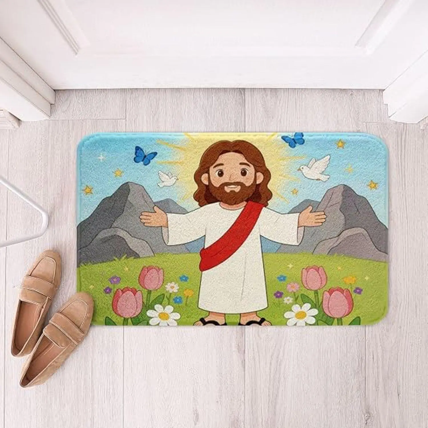 Jesus Religious Indoor Non Absorbent Christian Home Ornament Flannel Floor Mat Soft Comfortable Decorative Rug for Indoor Use