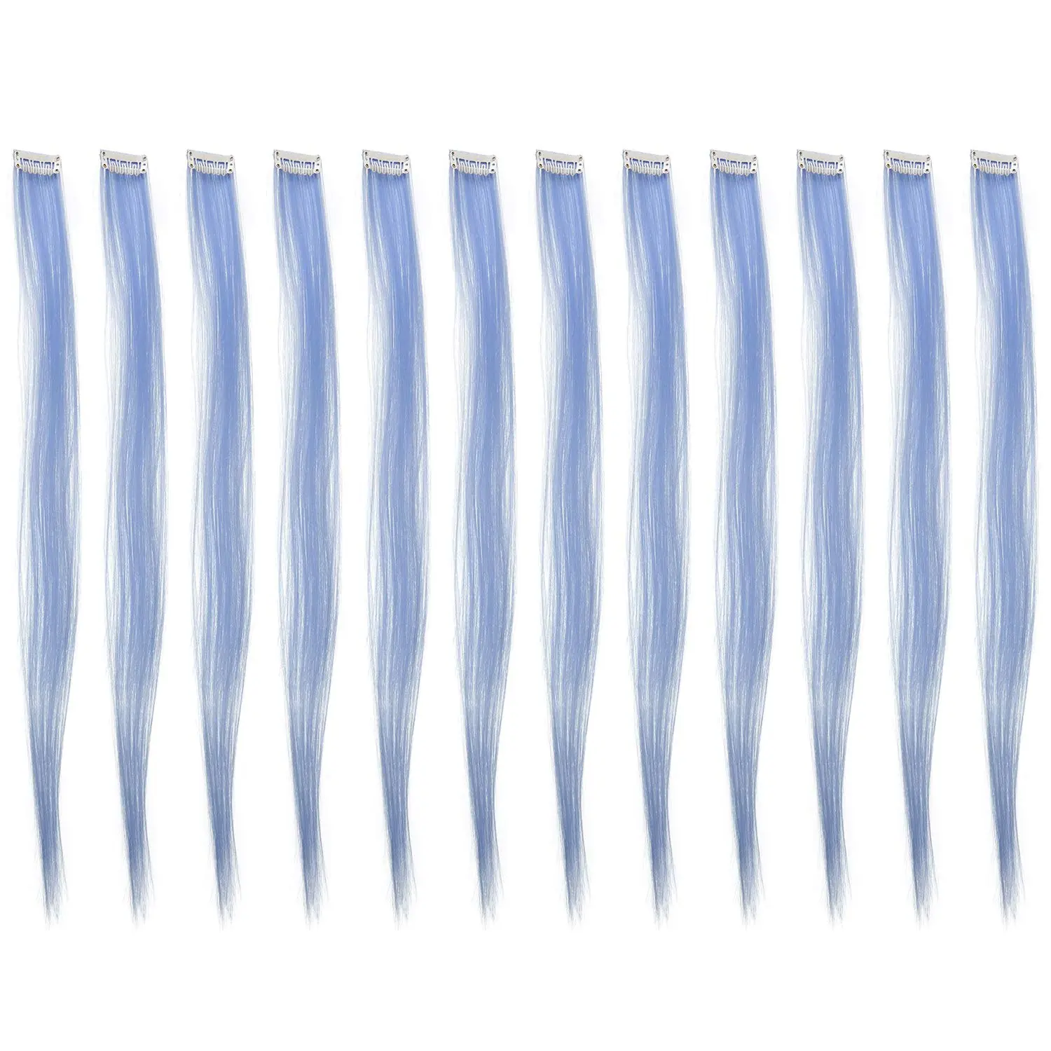 12 count Straight One Color Party Highlights Clip on in Hair Extensions Colored Hair Streak Synthetic Hairpieces (Dull Blue)