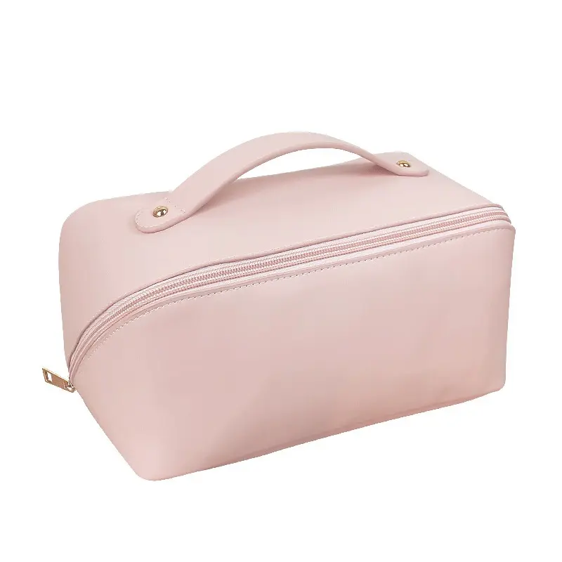 Women's Plain Waterproof Leather Large-Capacity Travel Cosmetic Bag - 25*12.5*12.5 cm Portable Zipper Bag with Top Single Handle Strap, Divider for Toiletry Storage, Batteries Packed Separately