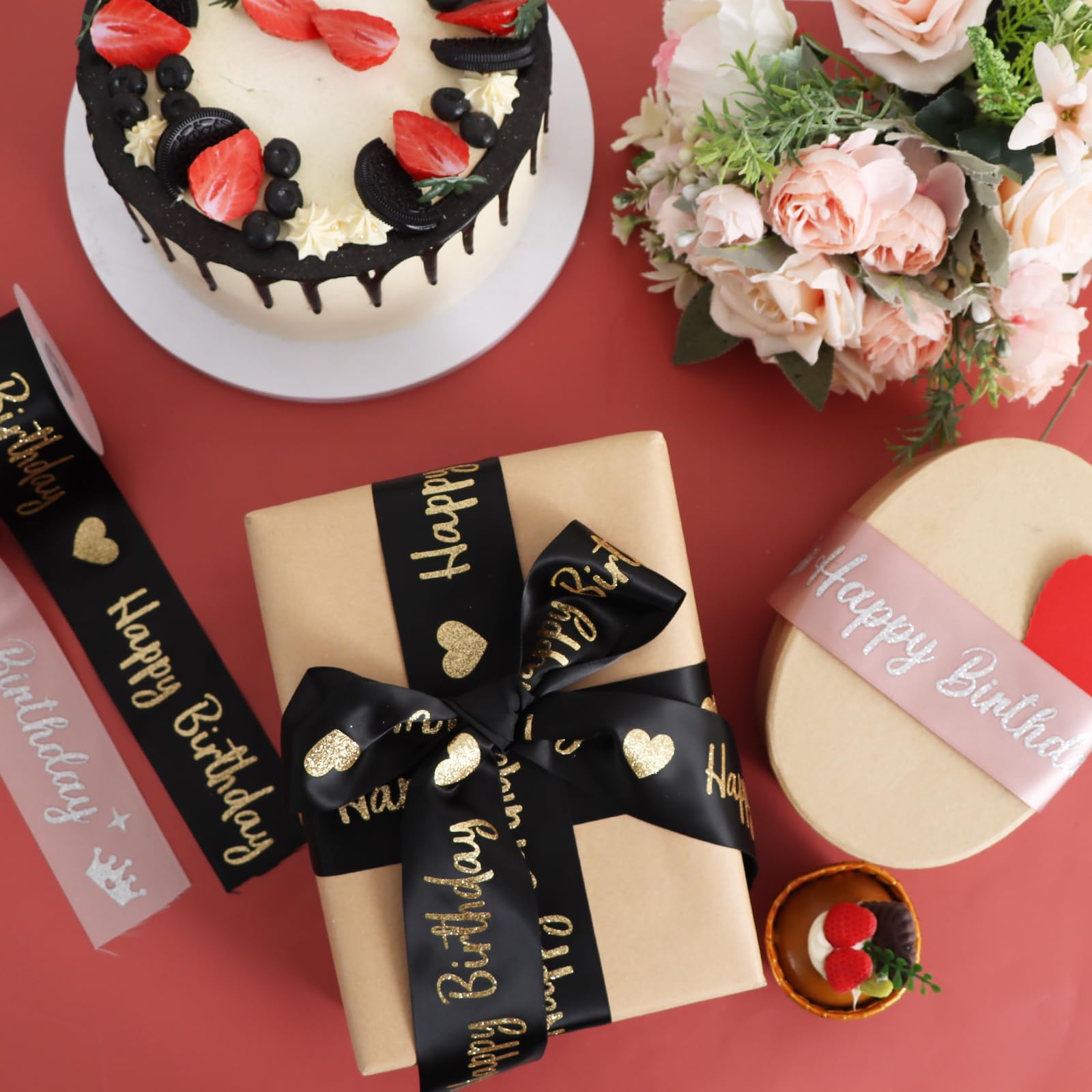 Glitter Black Happy Birthday Satin Ribbon 2 Inch x 10 Yards Wide Printed Shiny Ribbon for Gift Wrapping,Flower Bouquet Decoration,Crafts,Banner Making and Party Supply