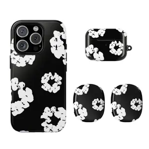 Monochrome Floral Pods Phone Case & AirPods Case,AirPods Max Compatible with iPhone & AirPods | Black White Denim Floral