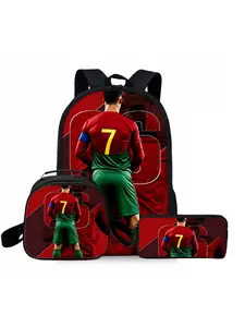 Football star red and green printed backpack three-piece set, including lunch bag, pencil case, and backpack, Backpack for School
