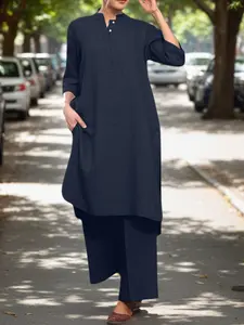 Women's Two-Piece Set, Half Button Front Long Sleeve Woven Top & Pants, Mid-Length Loose Casual with Pockets, Split Design