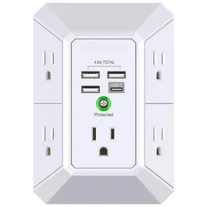 Wall Charger Surge Protector 5 Outlet Extender with 4 USB Charging Ports 4.8A Total 3-Sided 1680J Multi Plug Adapter Spaced for Home Travel Office