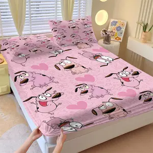 Pink Vintage American Cartoon Dog Fitted Sheet Set & 2 Pillowcases No Core, Pattern of Multi-Expression Puppy with Pink Heart Simple Doodle Background, Soft Anti-Slip Wrinkle Resistant, Cute Bedroom Decor Gift