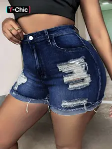 【Plus Size】 Button Ripped Denim Shorts, Casual Fashion Shorts for Daily Wear, Women's Bottoms for Summer