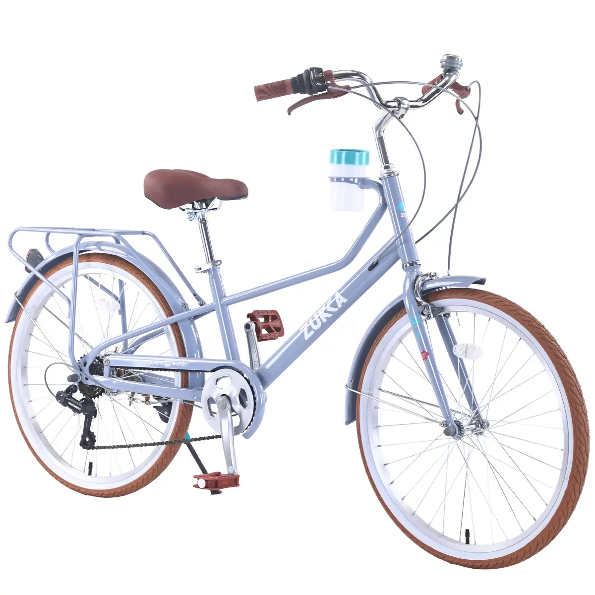 Aobtkel 24 Inch Women's Cruiser Bike Step-Through Commuter Bicycle with Rear Rack Cup Holder 6-Speed Front Caliper Rear Band Brake High-Carbon Steel Frame Adult City Bike for Women Teens Leisure Commute Gift Idea