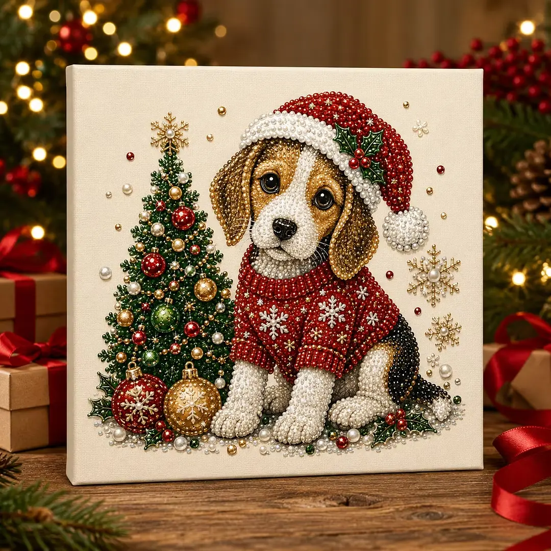 Christmas Dog Cat Diamond Painting Bedazzling Kit for Adults & Kids, DIY Rhinestone Art Kit, Complete Craft Set with Frame, Holiday Home Wall Decor, Festive Gift