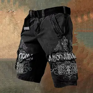Men's Cotton Fabric Victory or Valhalla Wolf Print Cargo Shorts - Gothic Norse Wolf Graphic, Geometric Accents, Belt-Included, Streetwear Work Shorts with Pockets, Menswear Essential