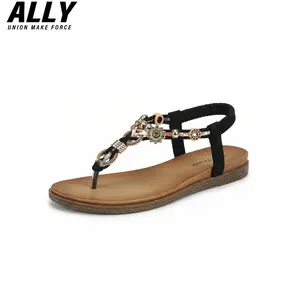 ALLY Womens boho sandals, beaded flat sandals, elastic ankle strap sandals, summer beach shoes, casual thong sandals, comfortable walking sandals, festival fashion shoes, lightweight flip-flop sandals，for Summer Beach, Festival & Daily Casual Tactical