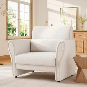 Accent Chair for Bedroom, Mid-Century Comfy Single Sofa, Upholstered Reading Armchair, Furry Sherpa Boucle Chair for Living Room Home Office, White