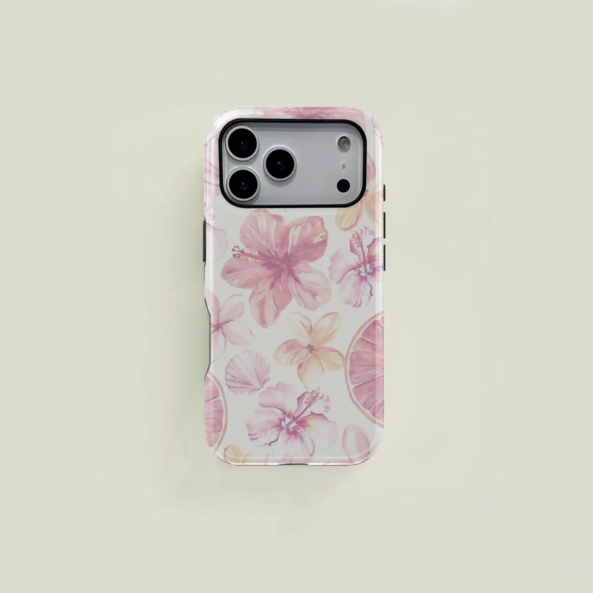 This pink and white watercolor-style protective case features fresh floral, seashell, and citrus slice patterns. It's a durable 2-in-1 case suitable for iPhone 17/16/15/14/13/12/11 Pro Max/Plus/Pro and Samsung Galaxy S25/S24/S23 Ultra series.