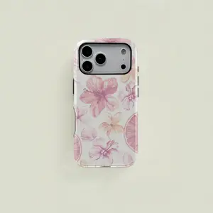 This pink and white watercolor-style protective case features fresh floral, seashell, and citrus slice patterns. It's a durable 2-in-1 case suitable for iPhone 17/16/15/14/13/12/11 Pro Max/Plus/Pro and Samsung Galaxy S25/S24/S23 Ultra series.