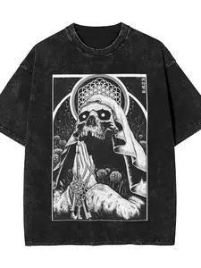 Vintage Wash Skull Nun Life Flower Tee, Fan Exclusive Clothing, Metal Wind Retro Short Sleeve, Casual Loose-Fitting Top, All Seasons