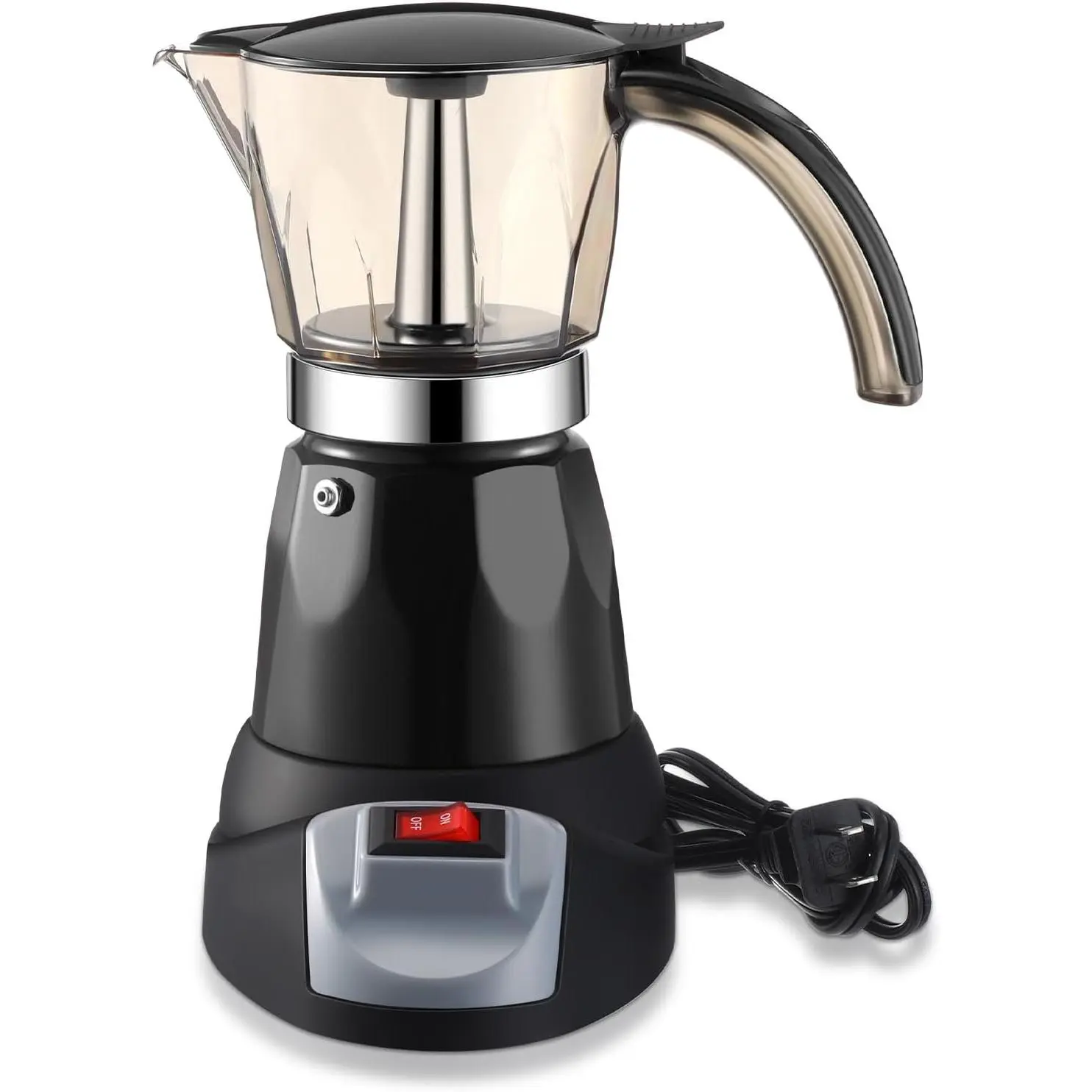 Electric Espresso Maker Transparent Coffee Maker Electric Moka Pot Portable Aluminum Coffee Pot Italian Moka Maker with Detachable Base, Coffee  for Women Men Home Travel (Black,6 Cup)