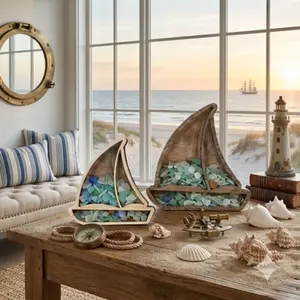 Wooden Sailboat Shadow Box for Sea Glass & Shells, 7.87" Nautical Display Case with Walnut Finish, Coastal Beach House Decor, Treasure Box for Shark Teeth & Beach Finds
