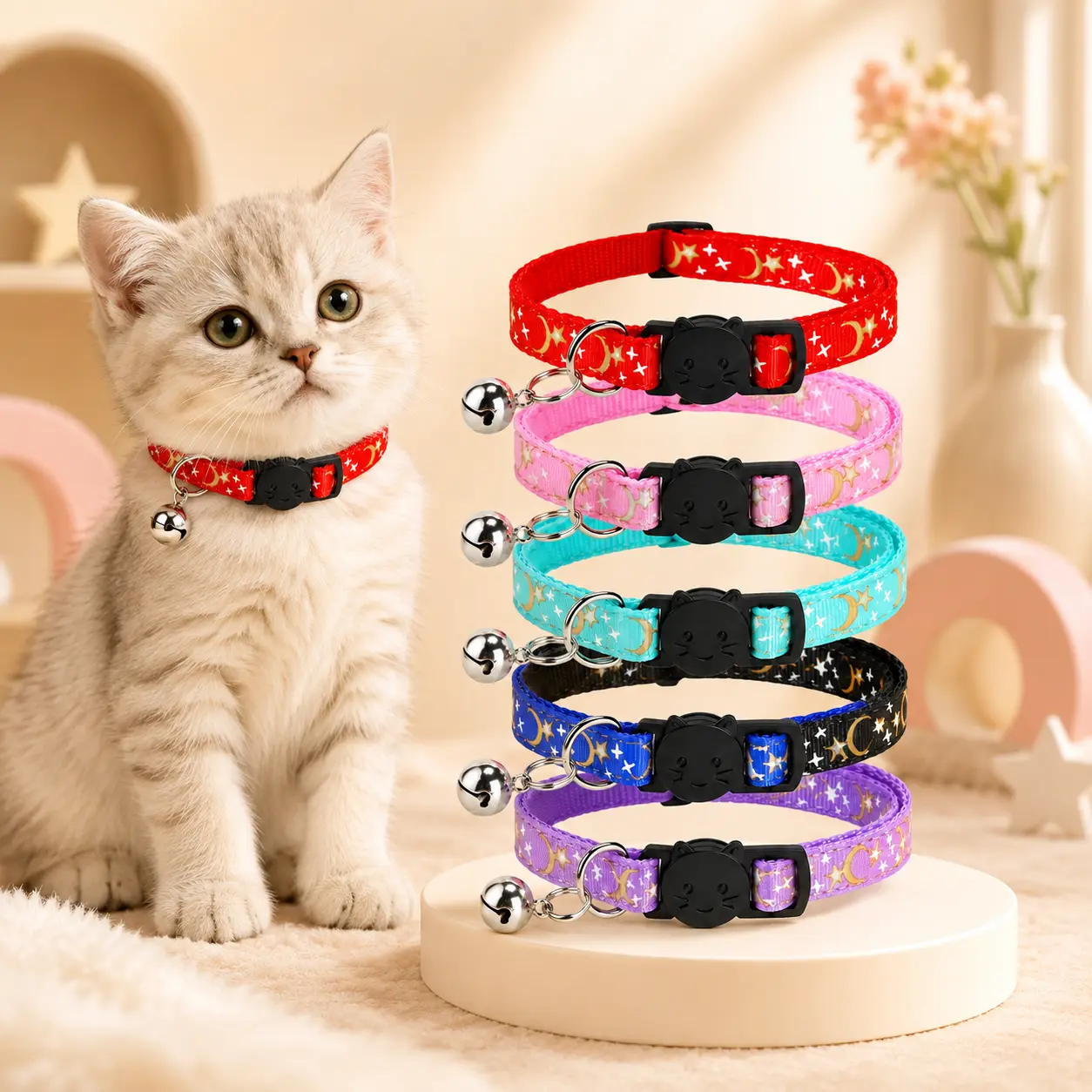 6 Pack Cute Cat Collars with Bells, Moon Star Pattern Breakaway Safety Buckle, Adjustable Colorful Kitten Collar Set for Cats & Small Dogs