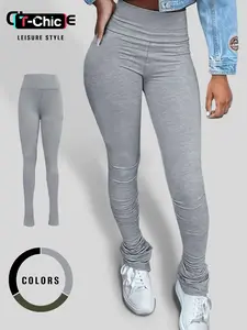 Women's Solid Ruched High Waist Skinny Pants, Casual Street Comfy Stack Trousers for Everyday Wear, Pants for Women, Ladies Bottoms for All Seasons, Womenswear