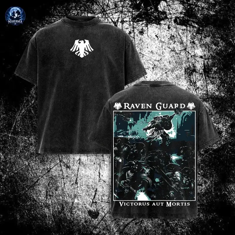 Warhammer 40K Raven Guard game art Graphic Tee Double Sided Washed Unisex Oversize Cotton T-Shirt - Wargame Fan Casual Gamer Streetwear men gaming Clothes