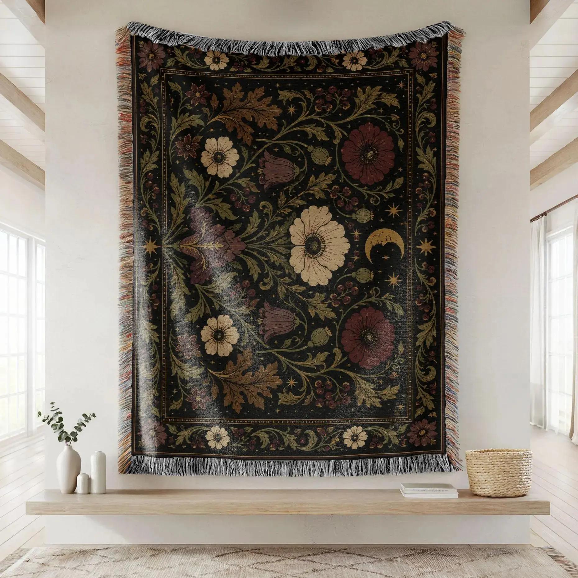 Dark Botanical Woven Blanket, Whimsigoth Floral Throw, Gothic Moon Tapestry Blanket, Dark Academia Sofa Bed Blanket